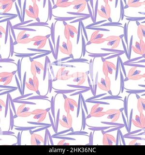 Decorative seamless pattern with purple and pink colored spring snowdrops shapes. Isolated backdrop. Vector illustration for seasonal textile prints, Stock Vector