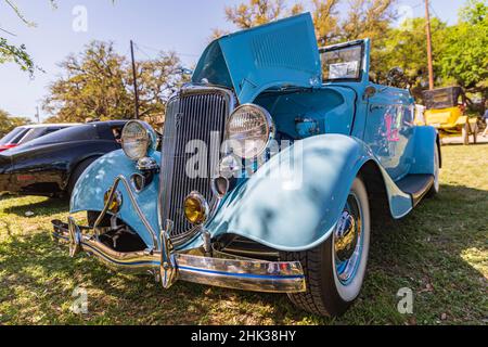 Marble Falls, Texas, USA. Blue vintage Ford with chrome grill at a car show. (Editorial Use Only) Stock Photo