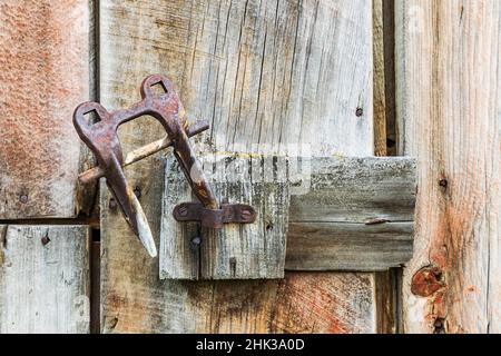 Latah, Washington State, USA. Rusted latch on a weathered old barn. Stock Photo