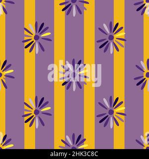 Vintage floral seamless pattern with doodle geometric ditsy flower ornament. Yellow and purple striped background. Stock illustration. Vector design f Stock Vector