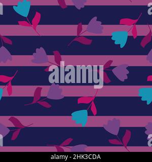 Abstract floral style seamless pattern with random tulip flowers ornament. Navy blue and lilac striped background. Graphic design for wrapping paper a Stock Vector