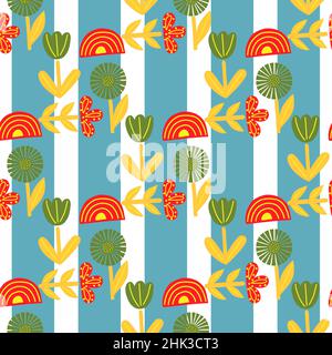 Red, yellow and green colored flowers, rainbow and lead seamless pattern. Blue striped background. Flat vector print for textile, fabric, giftwrap, wa Stock Vector
