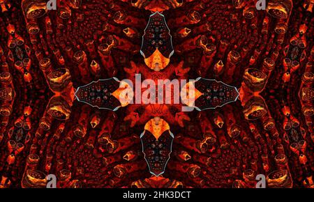 Ginger kaleidoscope. Groovy Wallpaper. Ginger Repeat Batik. Black Geometric Colour. Mystic Psychedelic Horror. White Geometric Rug. Seamless Mystic Wa Stock Photo