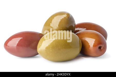 Pile of green olives on white background Stock Photo