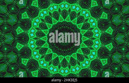 A dark background with a glowing green ornament in the shape of a stylized flower. Kaleidoscope pattern for design Stock Photo