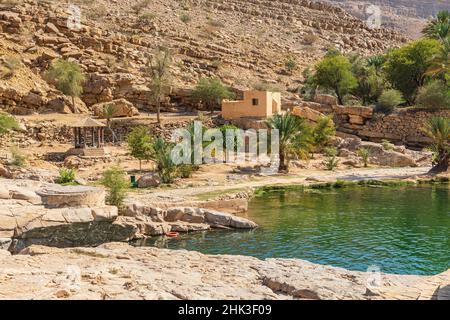 Middle East, Arabian Peninsula, Oman, Al Batinah South. The swimming pools at Wadi Bani Khalid. Stock Photo