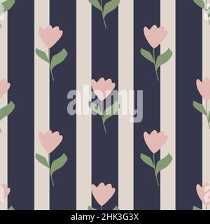 Botanic seamless floral pattern with pink tulips flowers silhouettes. Navy blue and grey striped background. Graphic design for wrapping paper and fab Stock Vector