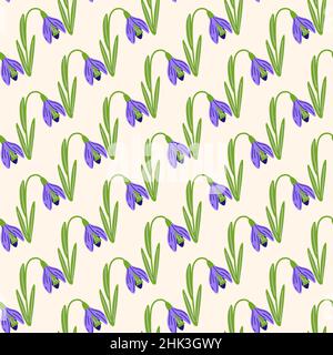 Purple colored snowdrops natural seamless pattern in doodle style. Isolated flowers backdrop. Vector illustration for seasonal textile prints, fabric, Stock Vector