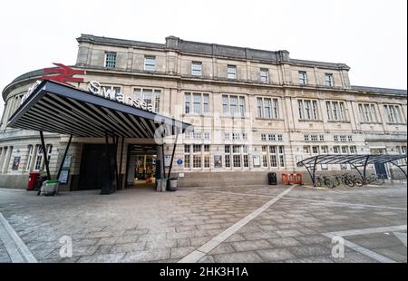 Swansea railway station entrance. Wales, the United Kingdom - January 16, 2022 Stock Photo