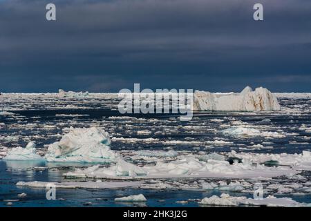 Ice floes in the Erik Eriksenstretet, strait separating Kong Karls Land from Nordaustlandet. Stock Photo