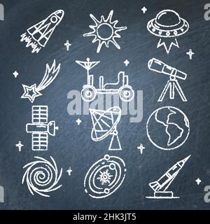 Space icons collection on chalkboard. Spaceship, telescope, UFO, planet, rocket and other symbols Stock Vector