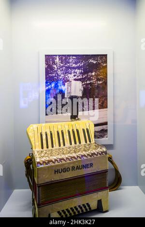 Sweden, Stockholm, Djurgarden, ABBA Museum, museum to the Swedish pop group ABBA, group member Benny Andersson's accordion Stock Photo