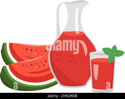 Jug and glass with watermelon juice, fruit with mint leaf. Delicious healthy drink and product. Vector flat illustration of food Stock Vector