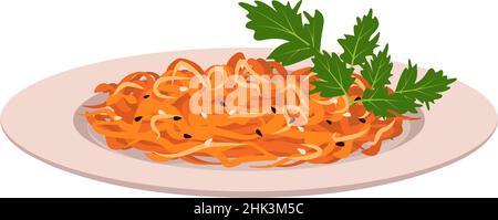 Grated orange carrot salad with sesame seeds and parsley leaves on plate. Delicious and healthy food with vitamins, Korean dish. Vector flat illustration Stock Vector