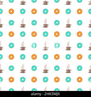 Seamless pattern of glazed donuts and cups of tea or coffee. Sweet pastry print for birthday, holiday and party. Vector flat illustration of dessert and food Stock Vector