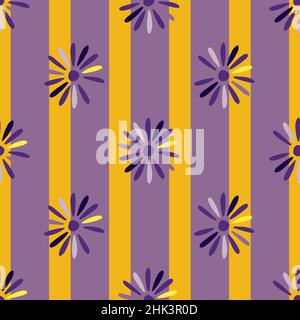 Vintage floral seamless pattern with doodle geometric ditsy flower ornament. Yellow and purple striped background. Stock illustration. Vector design f Stock Vector