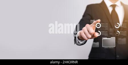 Business developer hand using board framework on virtual modern computer showing innovation Agile software development lean project management tool fa Stock Photo