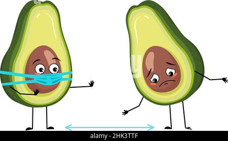 Avocado character with sad emotions, face and mask keep distance, arms and legs. Person with expression, vegetable emoticon. Vector flat illustration Stock Vector