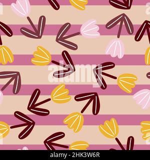 Hand drawn seamless pattern with random yellow simple tulips shapes. Pink and beige striped background. Flat vector print for textile, fabric, giftwra Stock Vector
