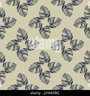 Hand drawn tropic monstera leaf seamless pattern in geometric style. Grey background. Hawaii forest print. Great for fabric design, textile print, wra Stock Vector