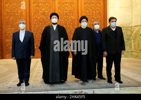 Tehran, Tehran, Iran. 2nd Feb, 2022. A handout picture provided by the Iranian president official website on February 2, 2022, shows Iran's president Ebrahim Raisi praying at the tomb inside the mausoleum of the late founder of the Islamic Republic, Ayatollah Ruhollah Khomeini, in southern Tehran, on the occasion of the 43rd anniversary of Khomeini's return from exile to Iran. Khamenei's predecessor returned to Iran in February 1979 after 14 years in political exile in Iraq and later France, following the revolution that led to the ouster of Iran's ruler at the time, Shah Mohammad Reza Pahl Stock Photo