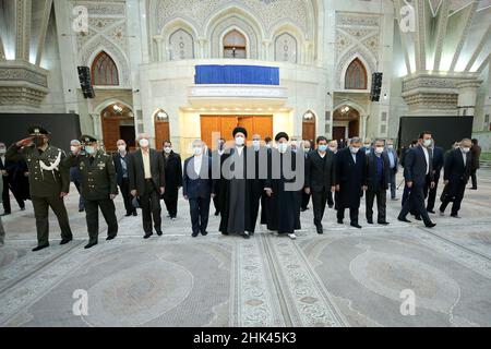 Tehran, Tehran, Iran. 2nd Feb, 2022. A handout picture provided by the Iranian president official website on February 2, 2022, shows Iran's president Ebrahim Raisi praying at the tomb inside the mausoleum of the late founder of the Islamic Republic, Ayatollah Ruhollah Khomeini, in southern Tehran, on the occasion of the 43rd anniversary of Khomeini's return from exile to Iran. Khamenei's predecessor returned to Iran in February 1979 after 14 years in political exile in Iraq and later France, following the revolution that led to the ouster of Iran's ruler at the time, Shah Mohammad Reza Pahl Stock Photo