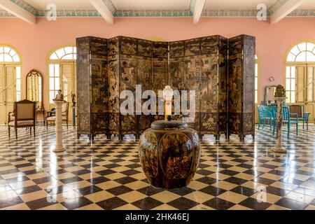 Antique large vase and other furniture in a colonial style living room in the Decorative Arts Museum. The 'Museo de Artes Decorativas' is a famous pla Stock Photo