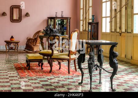 Antique colonial furniture in a living room in the Decorative Arts Museum. The 'Museo de Artes Decorativas' is a famous place and a major tourist attr Stock Photo