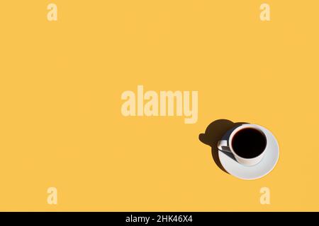 Top view above on white coffee cup with plate and shadow. Yellow terracotta flat lay background with advertisement copy space area, marketing promotion mock up. Tea time at office. High quality photo Stock Photo