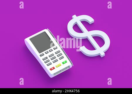 Symbol of dollar near cash register. Cashless payment. Bank transfers. Financial operations. Buying, selling goods. POS transaction. 3d render Stock Photo