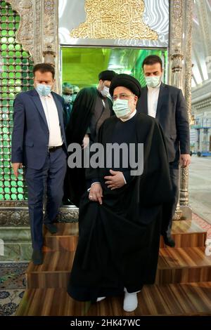 Tehran, Tehran, Iran. 2nd Feb, 2022. A handout picture provided by the Iranian president official website on February 2, 2022, shows Iran's president Ebrahim Raisi praying at the tomb inside the mausoleum of the late founder of the Islamic Republic, Ayatollah Ruhollah Khomeini, in southern Tehran, on the occasion of the 43rd anniversary of Khomeini's return from exile to Iran. Khamenei's predecessor returned to Iran in February 1979 after 14 years in political exile in Iraq and later France, following the revolution that led to the ouster of Iran's ruler at the time, Shah Mohammad Reza Pahl Stock Photo