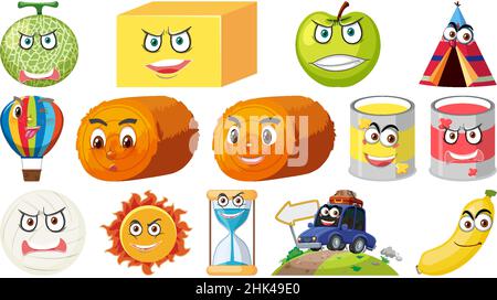 Set of different toy objects with smiley faces illustration Stock Vector