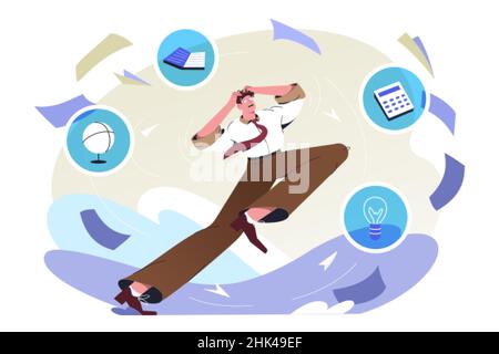 Flat stressed man overloaded by work and a lot of information. Overwhelmed employee person running away from overload. Multitasking and excess of paperwork for exhausted worker in office. Stock Vector