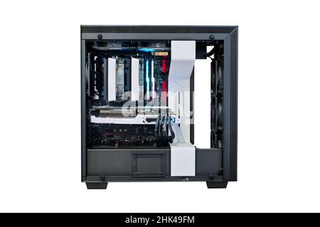 Open desktop computer PC on modify cooling version and LED RGB lighting show status on working, isolated on white background Stock Photo