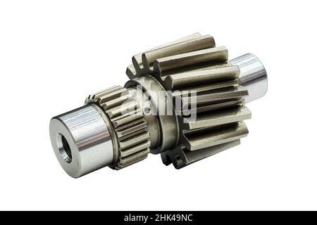 Industrial small gear cog part, a cog made of steel for use on machinery or vehicles, isolated on white background Stock Photo