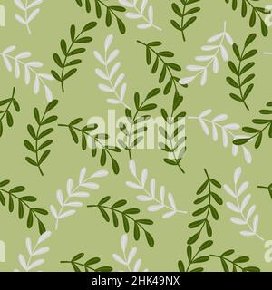 Abstract herbal floral seamless pattern with simple herbal twigs ornament. Green bbackground. Random print. Graphic design for wrapping paper and fabr Stock Vector