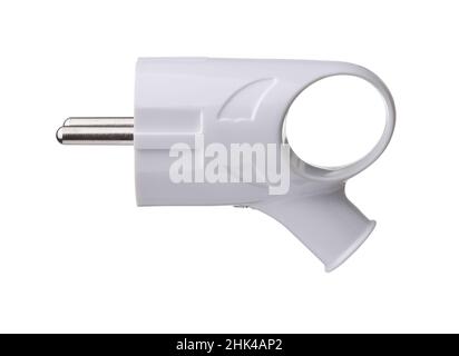 Side view of plastic electric plug with pulling ring isolated on white Stock Photo