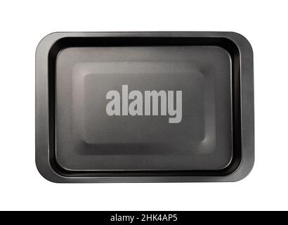 Top view of new empty black non-stick metal baking tray isolated on white Stock Photo