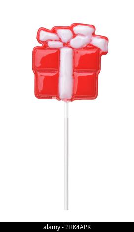 Front view of red gift box lollipop candy isolated on white Stock Photo