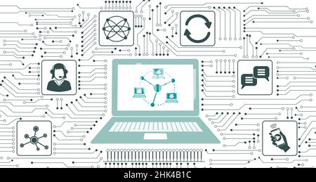 Concept of online meeting with icons integrated in circuit Stock Photo ...