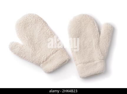 Top view of fluffy faux fur winter mittens isolated on white Stock Photo