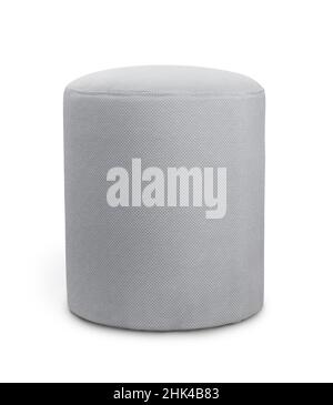 Front view of gray round soft pouf stool isolated on white Stock Photo