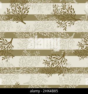 Random vintage seamless pattern with doodle tree silhouettes ornament. Grey and brown striped background. Stock illustration. Vector design for textil Stock Vector