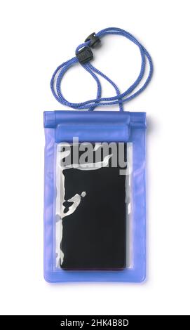 Front view of smartphone in blue plastic waterproof dry pouch isolated on white Stock Photo