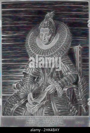 Inspired by Isabella Clara Eugenia, Infanta of Spain, Jan Muller, Dutch, 1571-1628, Engraving on laid paper, 1615, 16 7/16 x 11 9/16 in., 41.8 x 29.4 cm, elite, historic person, historical painting, royal, ruler, wealth, Reimagined by Artotop. Classic art reinvented with a modern twist. Design of warm cheerful glowing of brightness and light ray radiance. Photography inspired by surrealism and futurism, embracing dynamic energy of modern technology, movement, speed and revolutionize culture Stock Photo