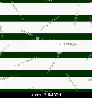Botanical seamless pattern with random green leavender silhouettes ornament. White and green striped background. Perfect for fabric design, textile pr Stock Vector