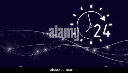 24 7 all day all night concept. Digital hologram 24 hour clock sign on virtual screen with gark blue background. Technical Support Center Customer Ser Stock Photo