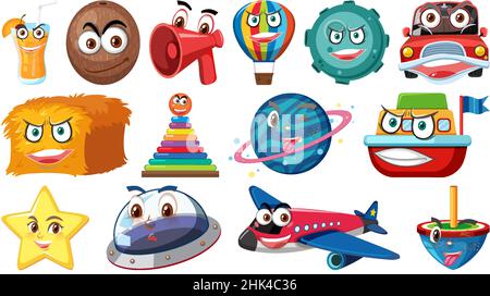 Set of different toy objects with smiley faces illustration Stock Vector
