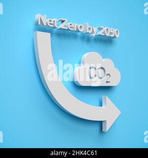 CO2 reduction concept. A cloud shaped object with the word CO2 punched out in front of a blue background. A curved arrow pointing down and the text 'N Stock Photo