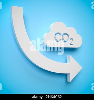 CO2 reduction concept. A cloud shaped object with the word CO2 punched out in front of a blue background. A curved arrow pointing down. Stock Photo